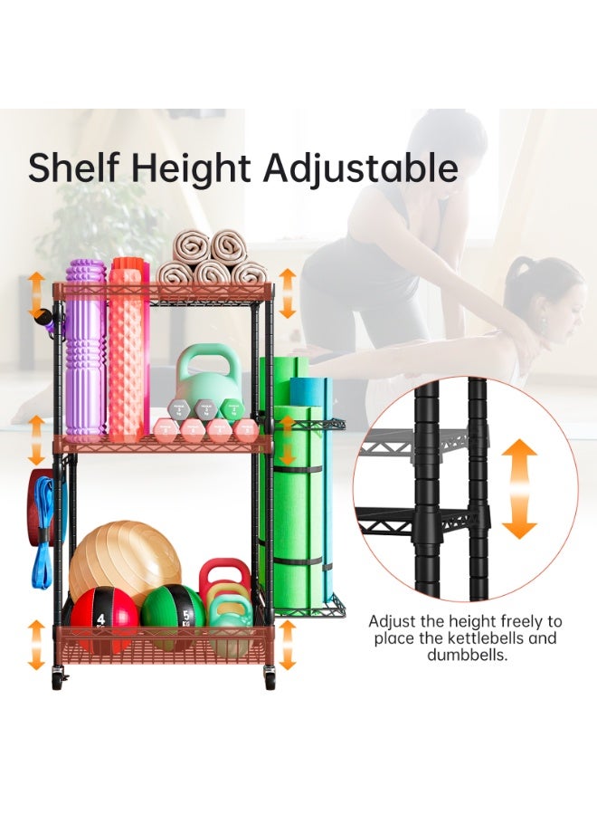 Solerconm Sports Equipment Storage Rack – 3 Tiers with 4 Lockable Casters and Hooks, Metal Organizer for Weights, Jump Ropes and Fitness Accessories, Rolling Design, Sturdy Structure - Image 4